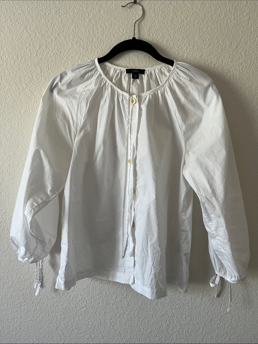 J. Crew White Cotton Button-Front Peasant Blouse